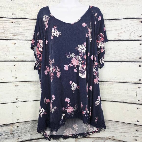 Maurices Navy Floral Lace Trim Tee 4x Plus - Picture 1 of 6